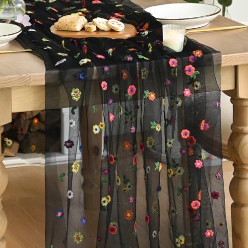 Artoid Mode Black Embroidery Daisy Gauze Table Runner 59x120 Inch 10FT by ArtoidMode