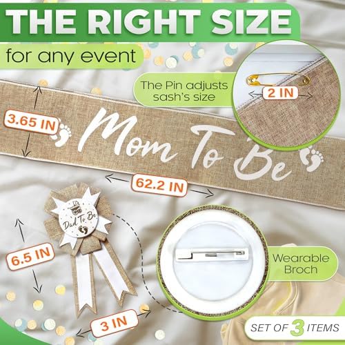 V TOWER Baby Shower Mom to be Sash and Dad to Be Pin, Gold Letters (Burlap) - Image 2