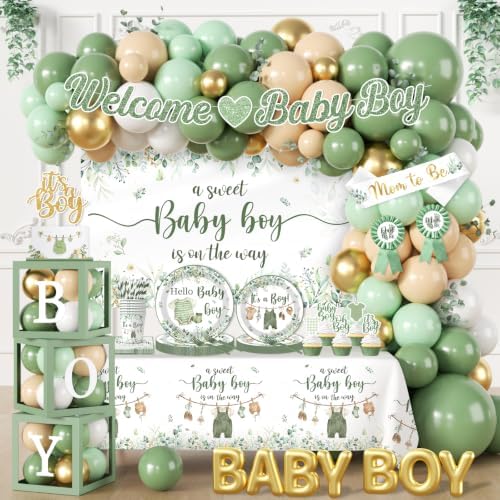 Baby Boy Shower Decorations,267pcs Baby Shower Decorations Green Plates and Napkins Cups Banner Backdrop Tablecloth Cake Topper Balloon for Sweet Baby Boy Baby Shower Decorations by Bezkega