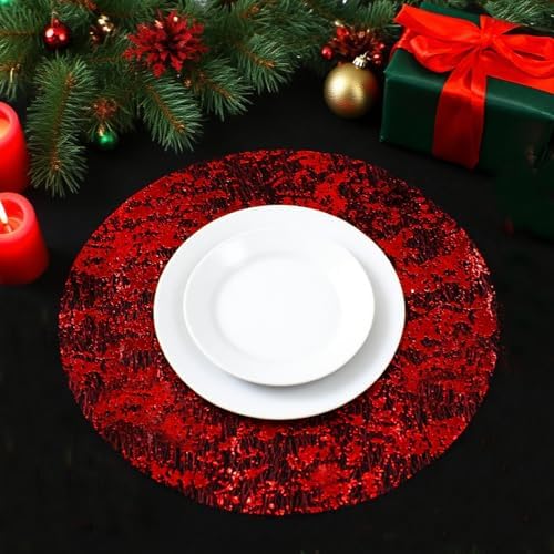 Red Disposable Placemats Set of 50 Red Charger Plates Doilies Metallic Thin Mesh Round 13 Inch Glitter Foil Pressed Dining Table Decoration Centerpieces for Party Wedding Birthday - Image 2