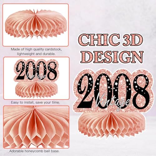 9Pcs Rose Gold Pink 18th Birthday Decorations Honeycomb Centerpieces for Girls,Happy 18th Birthday Centerpieces Tables Toppers Party Decorations Supplies,Vintage 2008 Aged Table Sign Decor - Image 3