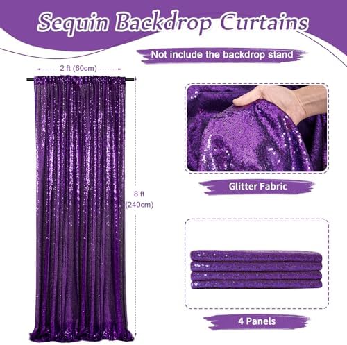 Purple Sequin Backdrop Curtain 4 Pcs 2ftx8ft Sparkly Glitter Wedding Party Photography Background Drapes for Birthday Prom Decoration Christmas Party Decoration - Image 3