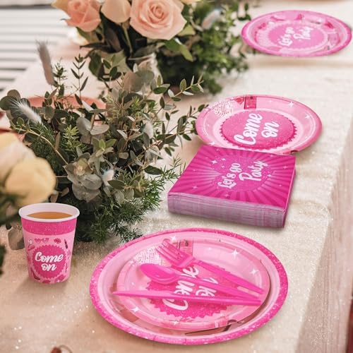 Kochorie 400 Pieces Let's Go Girls Party Tableware Sets Including Disposable Paper Plates Cups Napkins Cutlery Serves 50 for Birthday Disco Pink Cowgirl Bachelorette Party Decorations - Image 5