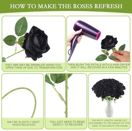 Hananona 50 Pcs Artificial Roses, Realistic Silk Black Flowers Bulk - Image 3