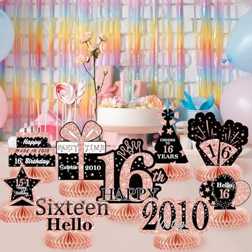 9Pcs Rose Gold Sweet 16 Birthday Decorations Honeycomb Centerpieces for Girls,Pink Happy 16th Birthday Centerpieces Tables Toppers Party Decorations Supplies 16th Table Sign Decor - Image 4