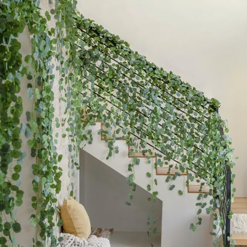 CQURE 12 Pack 84Ft Eucalyptus Garland,Artificial Eucalyptus Leaves Table Greenery Garland Wreath Vines for Wedding Party Table Fireplace Bedroom Wall Room Decor - Image 5