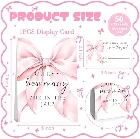 Pink Bow Baby Shower Decorations,Pink Watercolor Ribbon Minimalist Baby Shower Game,Guess How Many Bows are in the Jar,Birthday Party Game & Activities 50 Cards and Sign - Image 2