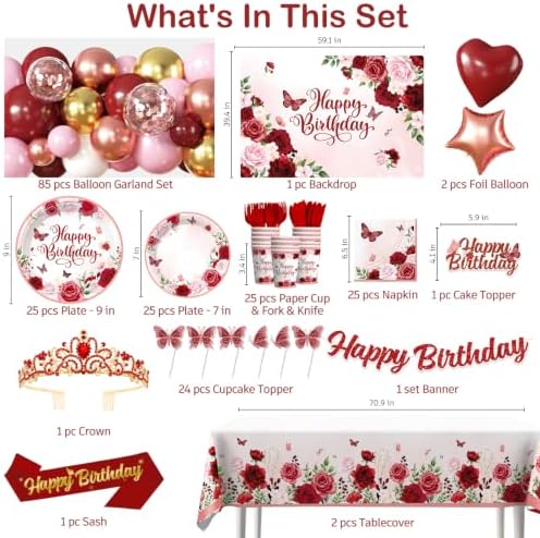 Cocomigo Burgundy Floral Birthday Party Decorations for Women, All-in-One - Image 2