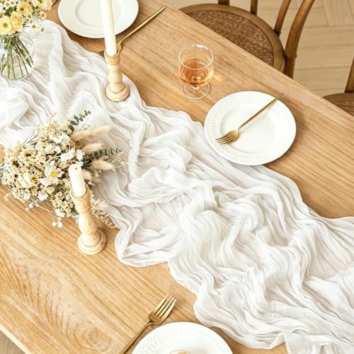 3Pcs Ivory White Table Runner, 10FT Rustic White Table Runner 35*120inch Boho Table Runners for Wedding Bridal Shower Baby Shower Table Centerpiece Decorations - Image 2
