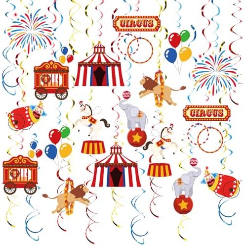 Carnival Hanging Swirl Set Party Decorations, 48 Pcs, Circus Joker Balloon Party Supplies Sign,Red Blue Yellow - Image 7