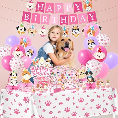 Dog Birthday Party Decorations Include Lets Pawty Plates Napkins Pink Puppy Tablecloth Banner Balloons Cupcake Toppers Tableware Set for Girls Puppy Birthday, Dog Party Decorations Serves 24 - Image 3
