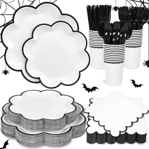 350 Pcs Halloween Black and White Plates and Napkins Set, Serve 50 Guests by Unknown