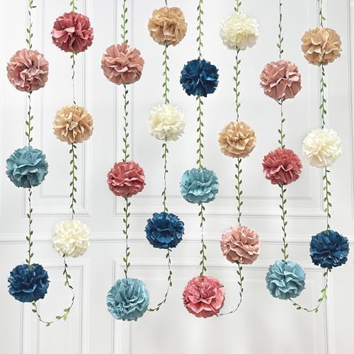Dusty Rose Pink Blue Khaki Beige Tissue Paper Flowers Pom Pom with Leaf Ribbon Hanging Garland Streamer for Birthday Wedding He or She Pink or Blue Themed Party Decorations Supplies by pinkblume