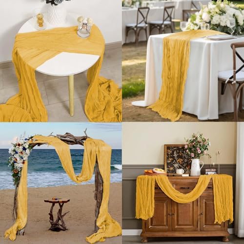 12 Pack Gold Cheesecloth Table Runner, 35x120 Inch Mustard Boho Gauze Table Runner 10ft Rustic Sheer Cheese Cloth Runners for Bridal Shower Wedding Party Baby Shower Table Decor - Image 5