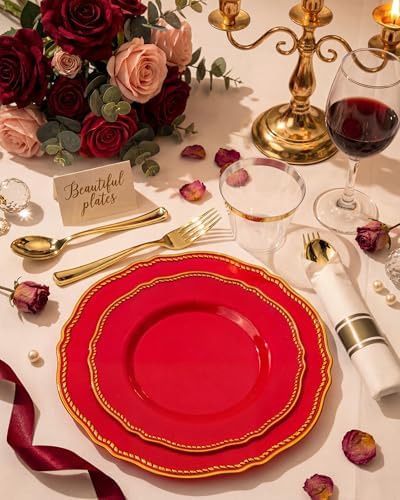 Hioasis 350 Pcs Red Gold Plastic Plates Wedding & Party - Image 3