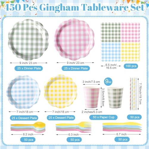 450 Pcs Gingham Tableware Set, Serve 50, Pastel - Image 2