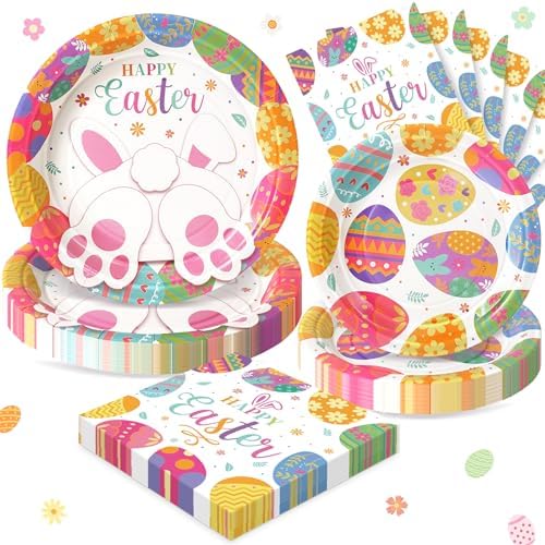 Happy Easter Plates and Napkins, 72PCS Colorful Easter Party Supplies, Bunny and Eggs Disposable Paper Plates, Spring Party Supplies, Rabbits Easter Party Decorations Serves 24 by FightingtoAchieve