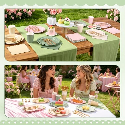 350 Pcs Sage and Pink Paper Plates and Napkins Party Supplies - Pink and Green Birthday Decoration Include Dusty Pink Sage Green Scalloped Plate Napkin Cup & Cutlery for Baby Shower, Wedding, Birthday - Image 4