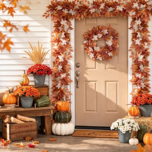 DearHouse Fall Garland Maple Leaf, Orange&White, 5.9Ft/Piec Artificial Autumn Foliage Garland Thanksgiving Decor,2 Pack - Image 4