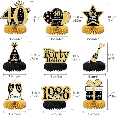 9 Pcs 40th Birthday Decorations Honeycomb Centerpieces for Women Men, Black Gold 1986 Aged to Perfection Vintage Centerpieces for Tables Toppers,Forty Years Party Decorations Supplies - Image 2