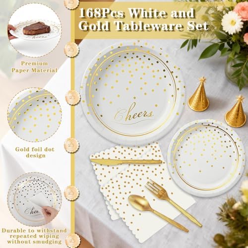 168Pcs White and Gold Paper Plates and Napkins Party Supplies for 24 Guest - Image 4