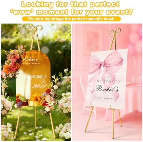 Interchangeable Bow & Star Top Gold Easel Stand for Sign, 62"–47" Height Adjustable Heavy Duty Wedding Easel Stand with 3 Display Modes — Perfect for Welcome Signs, Christmas Decor, Parties & Events - Image 3
