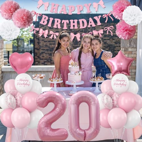 20th Birthday Decorations Girls Pink Number 20 Balloon Bow Coquette Party - Image 3