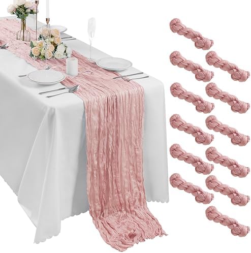 Bailarina 12 Pack Cheesecloth Table Runner 17x108 Inch Long Gauze Cheese Cloth 9ft Wrinkled Sheer Table Runner for Wedding Reception Birthday Party Table Decoration (Dusty Pink) by Bailarina