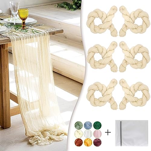 Beige Cheesecloth Table Runner 6 Pack 35" Boho Gauze Runner 120 inches Long Runner Rustic Sheer Fabric Bulk for Baby Shower Wedding Bridal Shower Birthday Thanksgiving Decorations by Waligoy