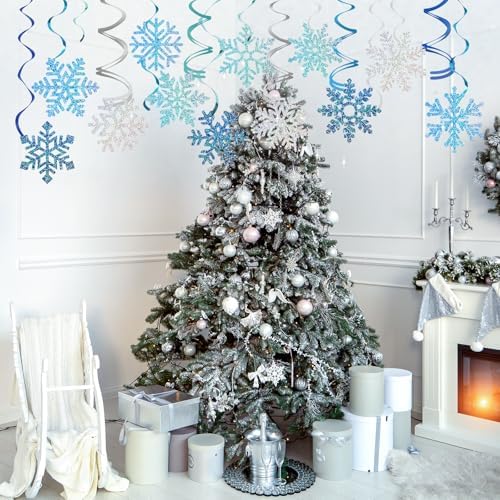 Winter Snowflake Hanging Decorations 30 Pcs Blue and Silver Christmas Ceiling Streamers Hanging Decorations Glittery Snowflakes Swirls for Wonderland Frozen Party and Christmas Decor - Image 7