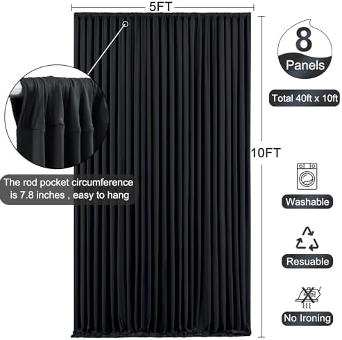 8 Panels Black Backdrop Curtain for Parties Wrinkle Free Black Photo Curtains Backdrop Drapes Fabric Decoration for Birthday Party Wedding 40ft(W) x 10ft(H) - Image 5