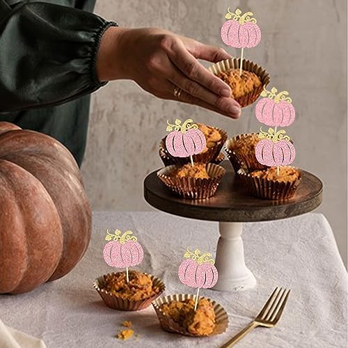 24Pcs Pumpkin Cupcake Toppers Glitter Fall Theme Pumpkin Cupcake Pick Decorations for Baby Shower Birthday Thanksgiving Halloween Party Cake Decorations Supplies Pink - Image 6