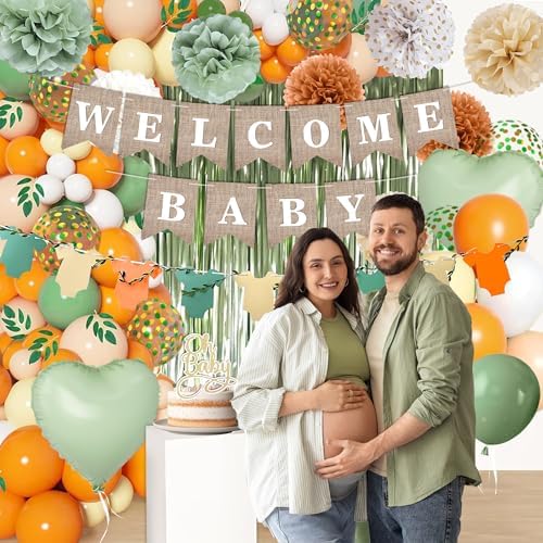 Orange Green Baby Shower Decorations-Welcome Banner Sage Green Sand White Confetti Balloon 'Oh-Baby' Cake Topper Fringe Curtains Paper Pom Poms for Boho Neutral Little Cutie Baby Shower Fall Party - Image 5