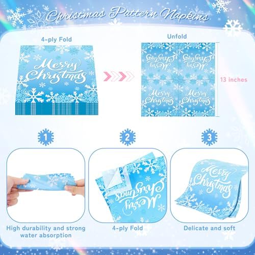 96PCS Blue Christmas Plates Napkins Forks for Party Decorations, Set of 24 Snowflakes Merry Christmas Disposable Tableware Supplies, Blue White Paper Plates for Christmas Party - Image 4