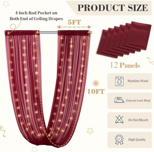 12 Panels Burgundy Ceiling Curtains with Lights for Weddings - 5ftx10ft Wrinkle-Free Tulle Fabric Wedding Arch Draping Ceiling Drapes Decorations for Wedding Party Ceremony Stage Tent Event - Image 3