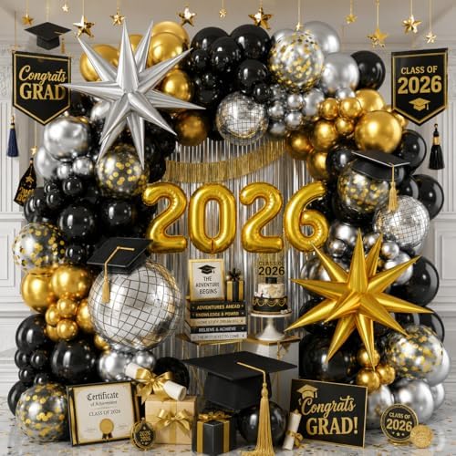 2026 Graduation Balloon Garland Arch Kit, Black Gold Silver Balloon Arch Class of 2026 Graduation Decorations Disco Star Balloons for Grad Celebrations Birthday Party Decorations by Froova