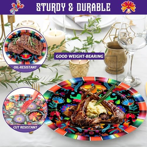 100PCS Mexican Fiesta Party Plates and Napkins Party Supplies Day of The Dead Mexico Mexican Tableware Dinnerware Set Decorations for Dia De Los Muertos Mayo Dance Pinata Colorful Ponchos Serves 25 - Image 4