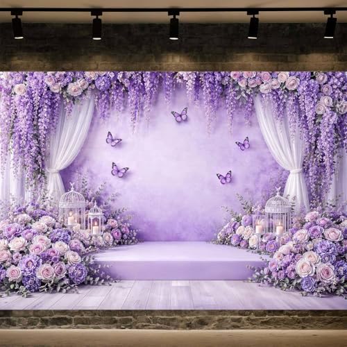 8X8ft Purple Lavender Butterfly Photography Backdrop Purple Wedding Flowers Girls Bridal Shower Party Decorations Background Baby Shower Birthday Party Cake Table Decor Photo Booth Props - Image 4