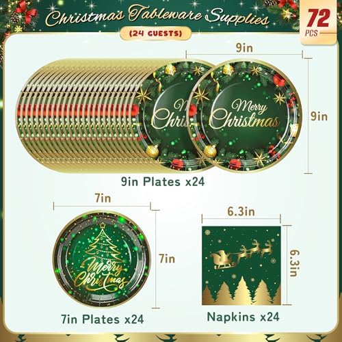 72PCS Christmas Plates and Napkins for Party Decorations, Set of 24 Merry Christmas Disposable Tableware Supplies,Green Gold Christma Tree Paper Plates for Christmas in July Party - Image 2