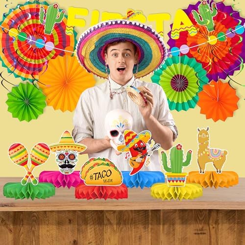 DMIGHT 101PCS Fiesta Party Supplies Set – Plates, Napkins, Fiesta Paper Fans, Banner, Tablecloth, Honeycomb Centerpieces – Perfect for Cinco de Mayo, Mexican Fiesta, and Fiesta Party Decorations - Image 7