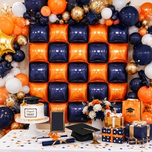 Navy Blue and Orange Square Foil Balloons Wall Tunnel Arch Kit - Image 6