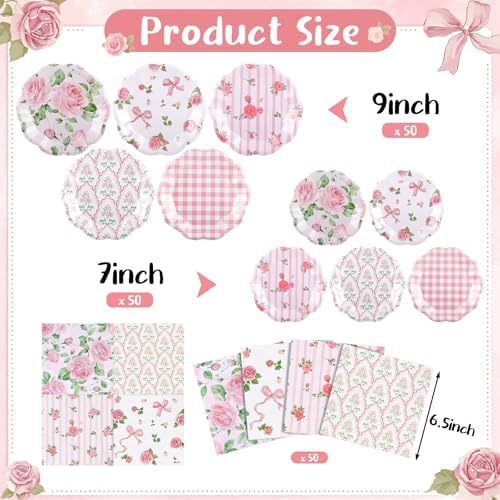 NatNarr 50 Set Pink Floral Plates and Napkins Fancy Tea Party Decor - Image 2