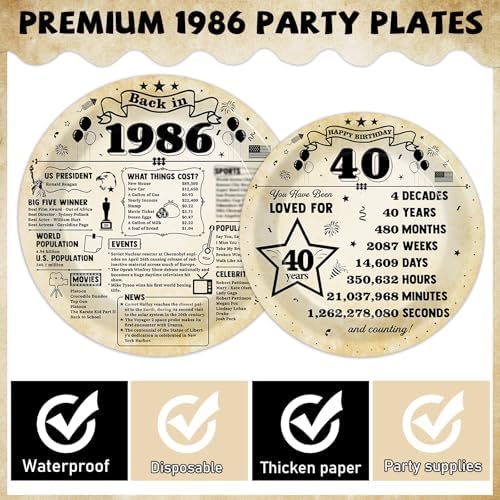 CHUNNIN 96Pcs 40th Birthday Plates and Napkins Back in 1986 Party Decorations Vintage 40 Year Old Party Dessert Plates 1986 Birthday Tableware for 24 Guests 40th Theme Men Woman Bday Parties Supplies - Image 3