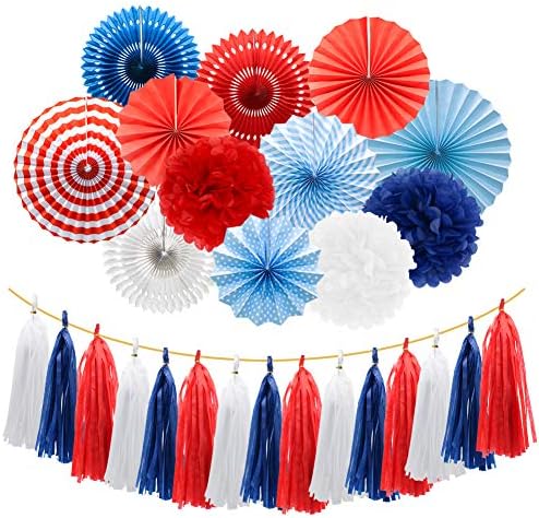 Navy Blue Red White Party Decorations Hanging Paper Fans Pom Poms Flowers Tissue Tassel Garland for 4th of July Day Patriotic Decoration Graduation Birthday Supplies by MEIDUO