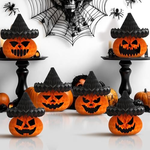 Fourluoo 6 Pcs Halloween Pumpkin Witch Hat Paper Honeycomb Centerpieces by Fourluoo