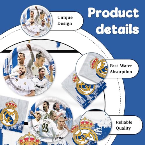 41Packs Real Madrid Birthday Decorations Include 20 Plates, 20 Napkins and 1 Tablecover for Real Madrid Birthday Party Supplies - Image 4