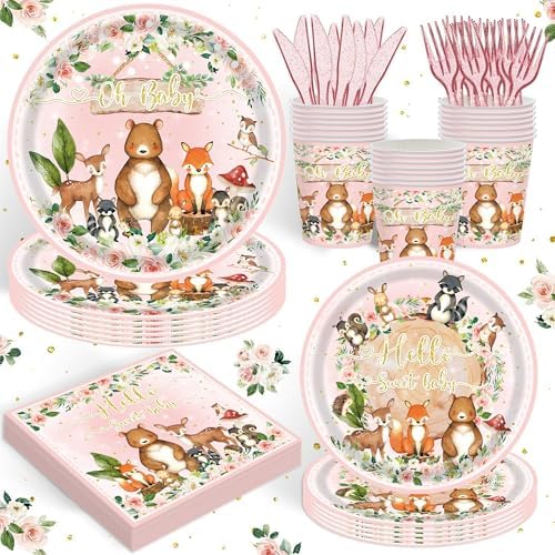120PCS Woodland Party Supplies for Girls Baby Shower Pink Wild Animal Decorations Plates Napkin Cups Forks Knives Tableware Set for 20 Guests by REJOICEBUNNY