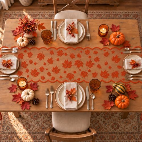 Fall Decorations for Home - Orange Lace Fall Leaves Table Runner - Image 5
