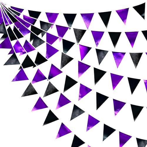 Purple and Black Party Decorations Metallic Fabric Triangle Pennant Banner Flag Bunting Garland for Graduations Birthday Retirement Wedding Baby Shower Bachelorette Halloween Outdoor Party Supplies by pinkblume