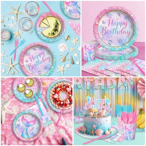 202 Pcs Mermaid Birthday Party Decorations (Serves 24), Mermaid Party Supplies Include Banner Hanging Plates Napkins Cups Forks Knifes Tablecloth Topper Balloons and Sash for Baby Shower - Image 5